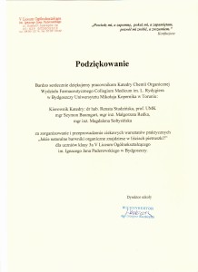 Podziękowania za organizację warsztatów dla uczniów szkół średnich. Kliknij, aby powiększyć zdjęcie.